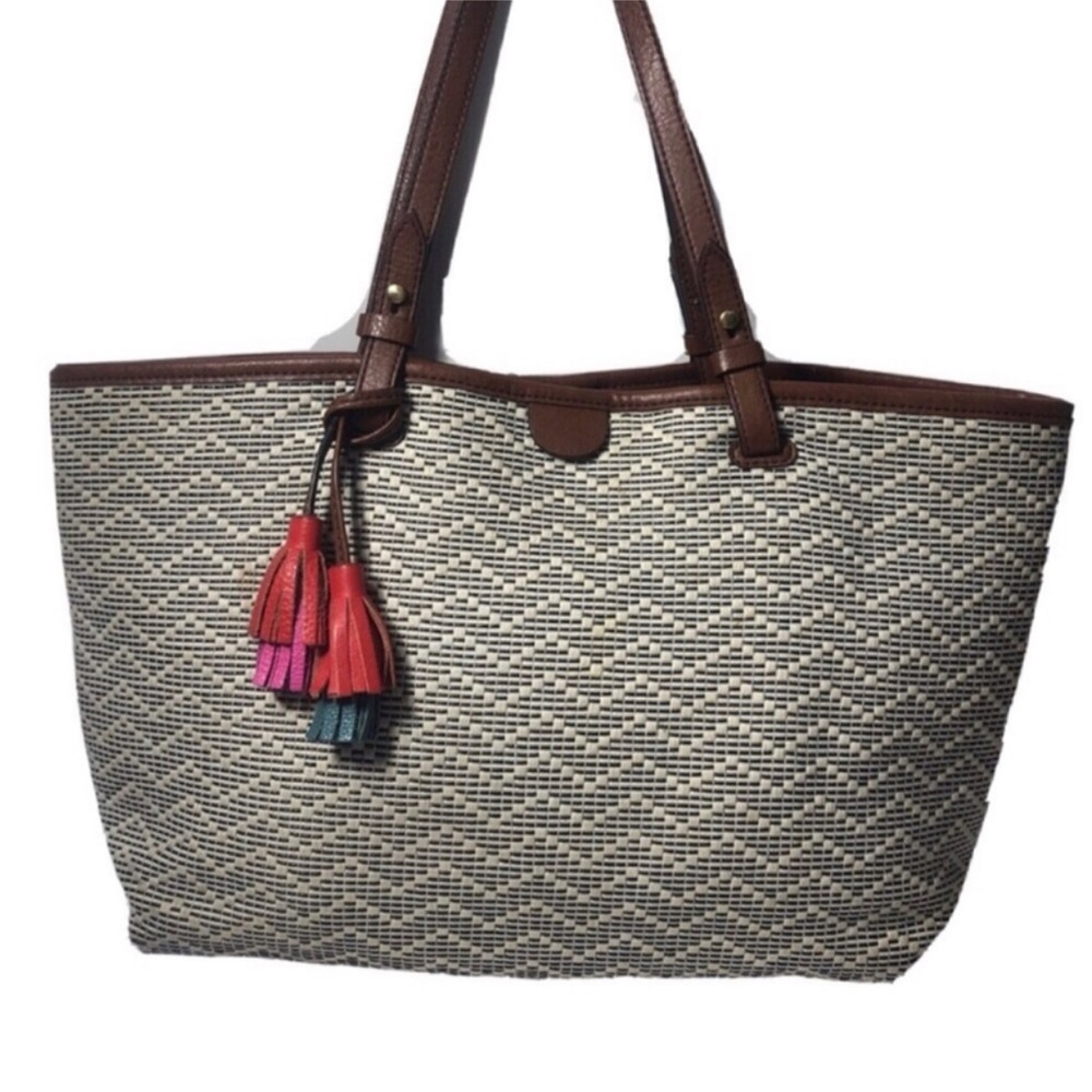 Fossil Brown and Cream Tote with Colorful Tassel.